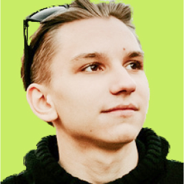 I'm Evgeny Khristenko (https://evgenykhristenko.com) and I'm pictured here with medium hair with wear glasses which have two colours brown and black. I'm wearing a hoodie. I smile with my mouth open and shout something at the same time, while squinting into the distance. I'm wearing a shirt, a fleece, a T-shirt, and a long-sleeve hooded sweatshirt. The photo is in black, the background is replaced with light green, this is the style of UNICORN WITNESSES brand (unicornwitnesses.com)